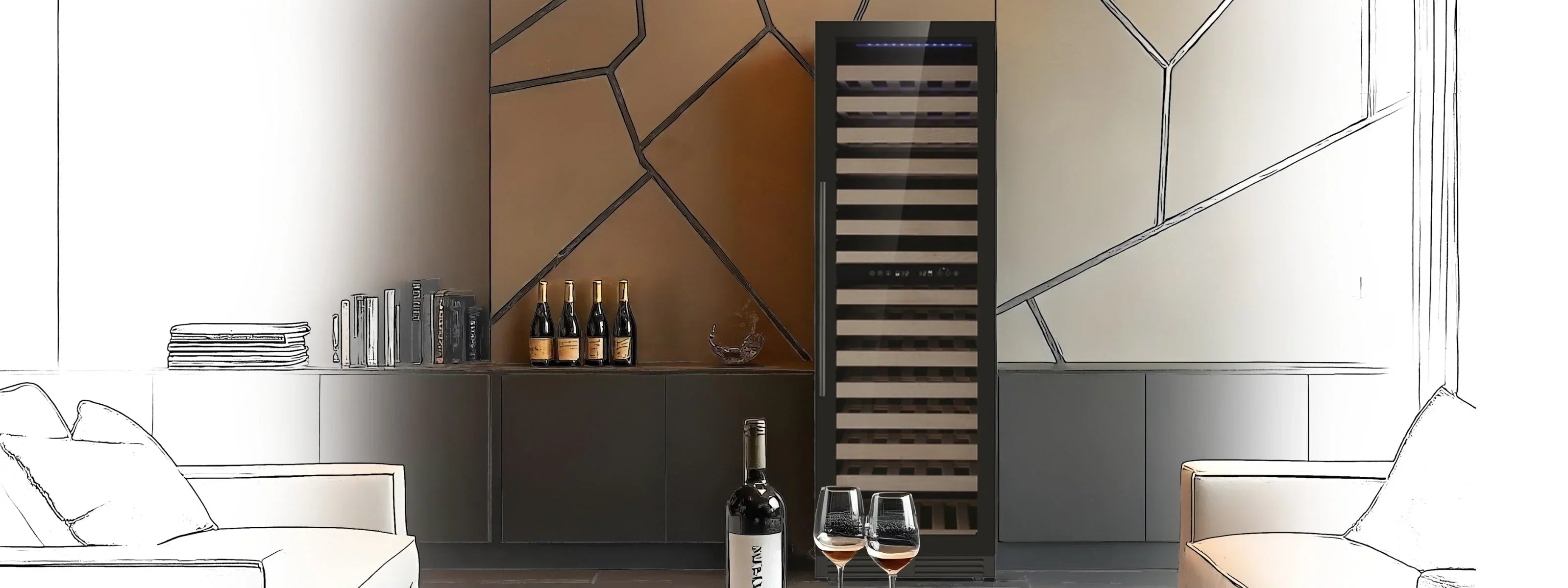 Sleek KingsBottle dual-zone wine and beverage cooler in a modern luxury man cave with LED lighting and minimalist cabinetry
