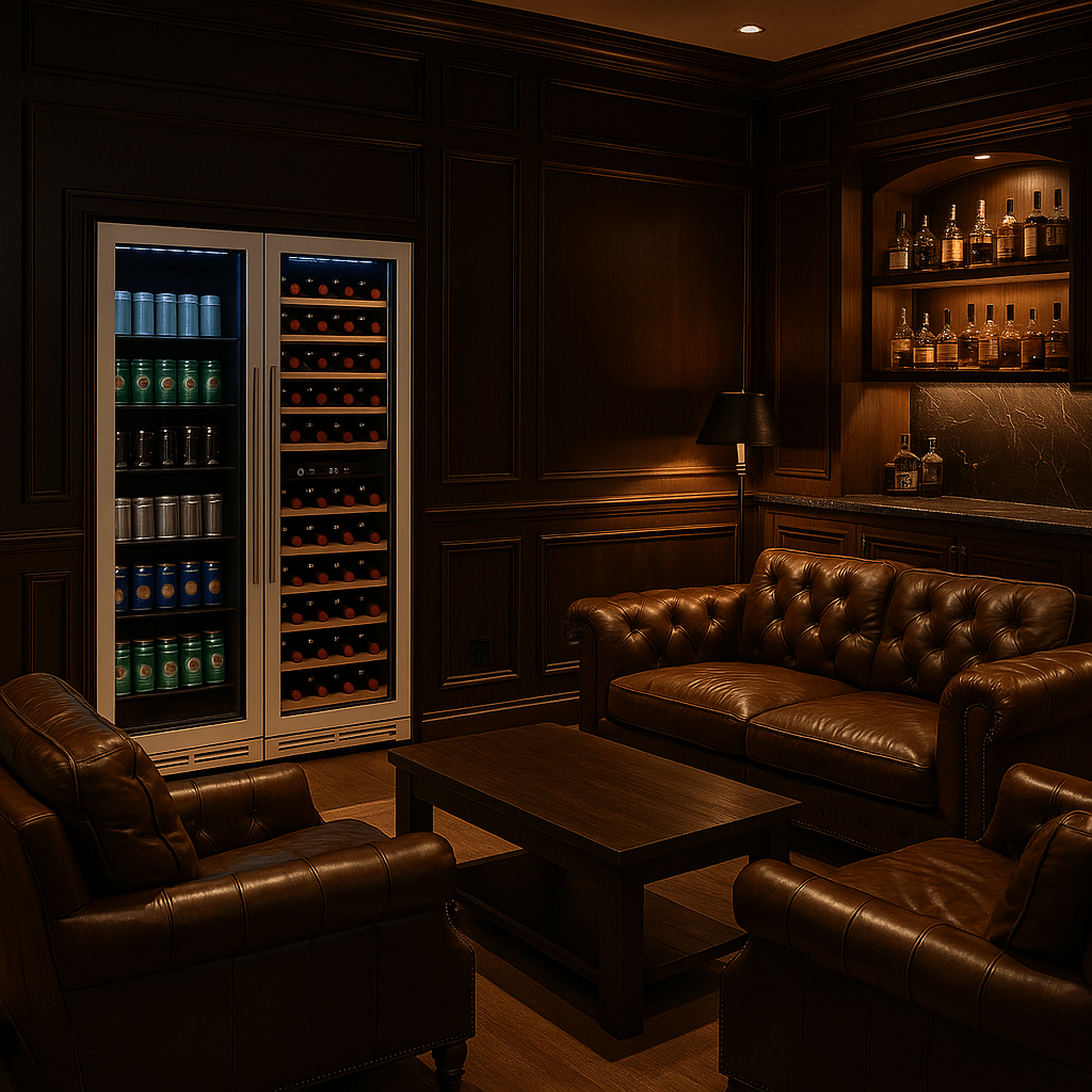 A KingsBottle beverage cooler integrated into an elite man cave, surrounded by dark wood paneling, leather seating, and a built-in bar with ambient lighting, showcasing a refined and upscale atmosphere.
