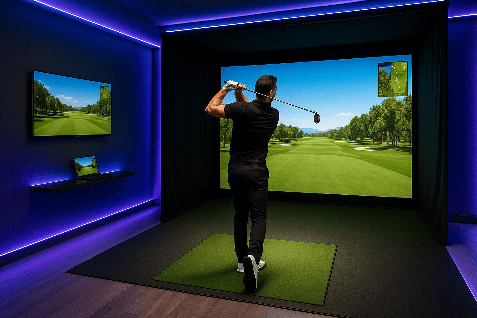 Man practicing a golf swing in a high-tech indoor golf simulator enclosure, surrounded by LED lighting, a large projection screen, wall-mounted TV, and a laptop displaying the virtual golf course.