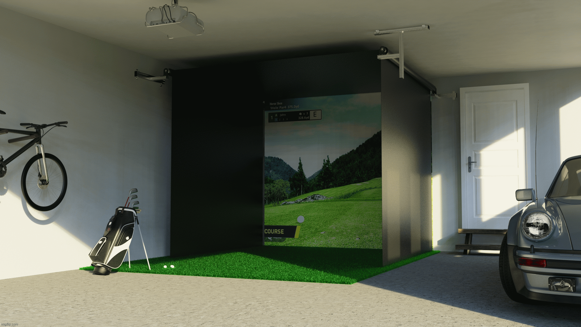 Animated GIF showcasing The SportScreen Vanish 11 retractable golf enclosure in a sleek garage setup, transitioning from fully deployed with a virtual golf course display to neatly rolled up, demonstrating its space-saving functionality.