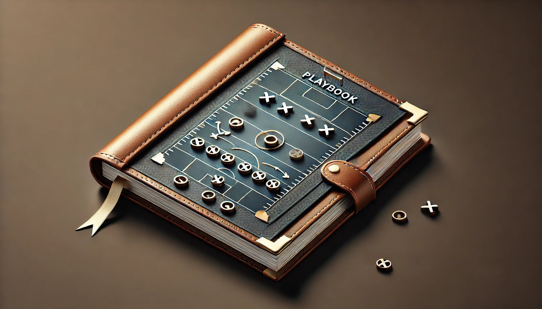 Isometric illustration of an open playbook with a strategic game diagram featuring X’s, O’s, and arrows, designed in a modern and upscale style.